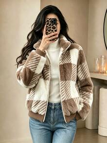 Yalmera Women's New Autumn/Winter Casual Commute Plaid Fleece Jacket - Khaki - View 6