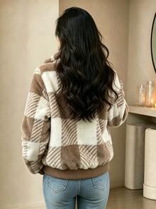 Yalmera Women's New Autumn/Winter Casual Commute Plaid Fleece Jacket - Khaki - View 2