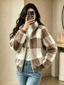 Yalmera Women's New Autumn/Winter Casual Commute Plaid Fleece Jacket - Khaki - View 1