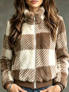 Yalmera Women's New Autumn/Winter Casual Commute Plaid Fleece Jacket - Khaki - View 4