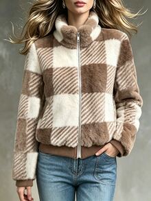 Yalmera Women's New Autumn/Winter Casual Commute Plaid Fleece Jacket - Khaki - View 3