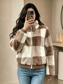 Yalmera Women's New Autumn/Winter Casual Commute Plaid Fleece Jacket - Khaki - View 5