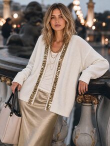 Elafinee Áo cardigan nữ mùa đông màu trắng đính sequin thiết kế thanh lịch thường ngày - trắng - Xem 1