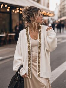 Elafinee Áo cardigan nữ mùa đông màu trắng đính sequin thiết kế thanh lịch thường ngày - trắng - Xem 5