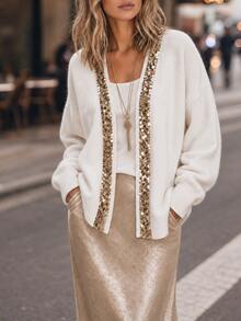 Elafinee Áo cardigan nữ mùa đông màu trắng đính sequin thiết kế thanh lịch thường ngày - trắng - Xem 3