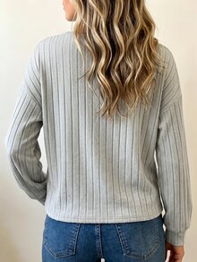Balvessa Women's T-Shirt, Autumn/Winter Brushed Long Sleeve T-Shirt, Button Decor T-Shirt, Autumn/Winter Base Layer T-Shirt, Ribbed Fabric T-Shirt - Grey - View 2