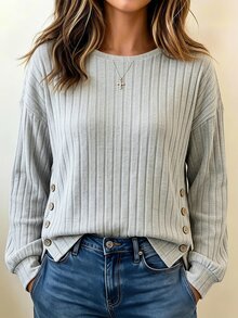 Balvessa Women's T-Shirt, Autumn/Winter Brushed Long Sleeve T-Shirt, Button Decor T-Shirt, Autumn/Winter Base Layer T-Shirt, Ribbed Fabric T-Shirt - Grey - View 1