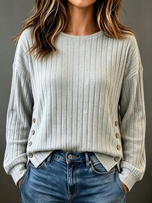 Balvessa Women's T-Shirt, Autumn/Winter Brushed Long Sleeve T-Shirt, Button Decor T-Shirt, Autumn/Winter Base Layer T-Shirt, Ribbed Fabric T-Shirt - Grey - View 3