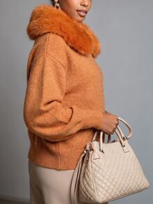 Trelyra Women's Oversized Orange Marled Knit Cardigan Sweater With Large Fur Collar, Zipper Front And Dropped Shoulders - Orange - View 3