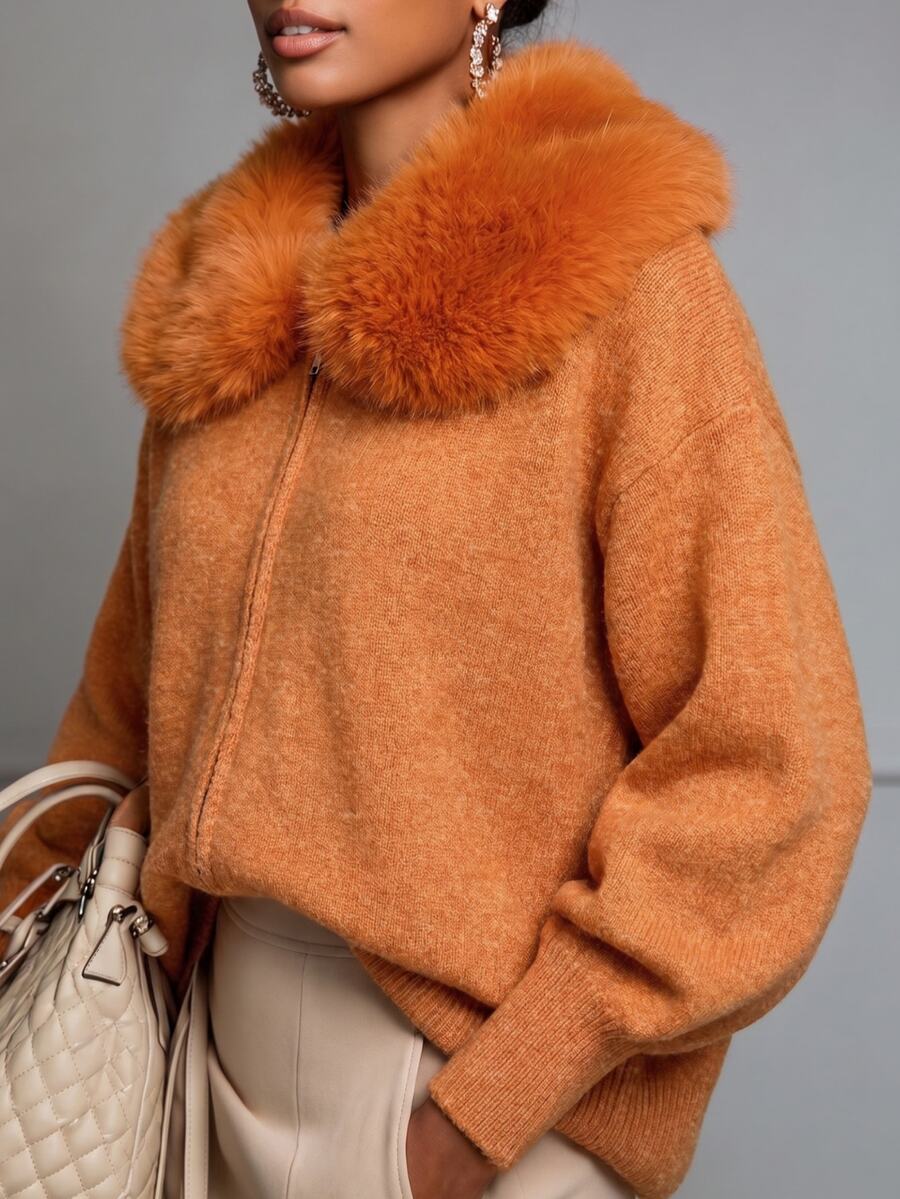Trelyra Women's Oversized Orange Marled Knit Cardigan Sweater With Large Fur Collar, Zipper Front And Dropped Shoulders - Orange - View 1