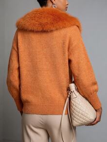 Trelyra Women's Oversized Orange Marled Knit Cardigan Sweater With Large Fur Collar, Zipper Front And Dropped Shoulders - Orange - View 2