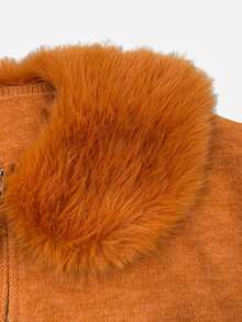 Trelyra Women's Oversized Orange Marled Knit Cardigan Sweater With Large Fur Collar, Zipper Front And Dropped Shoulders - Orange - View 5