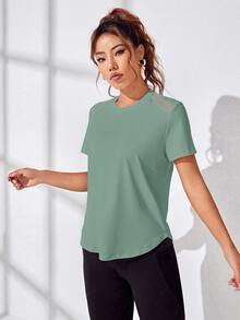 SHEIN Sports Women's Solid Color Casual Sports Short Sleeve T-Shirt Gym Shirts - Mint Green - View 3