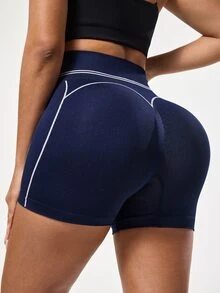SHEIN Sports 1件海军蓝无缝高腰撞色运动短裤，柔软舒适，适合健身、跑步、休闲、瑜伽等运动。高腰提臀运动短裤，女士运动短裤，舒适弹力短裤，提臀收腹健身短裤，女士高腰运动短裤，运动短裤，透气舒适高弹紧身短裤，女士高腰运动短裤，女士高腰运动短裤。 - 藏蓝色 - 查看 2