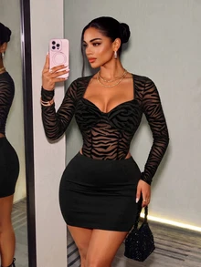 BamGleam 2026 Fall/ Early Zebra Print Sexy Sheer Jumpsuit With Skirt 2 Pieces Set For Women, Party Night Out Club Going Out And Date Black Halloween - Black - View 8
