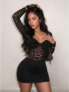 BamGleam 2026 Fall/ Early Zebra Print Sexy Sheer Jumpsuit With Skirt 2 Pieces Set For Women, Party Night Out Club Going Out And Date Black Halloween - Black - View 1