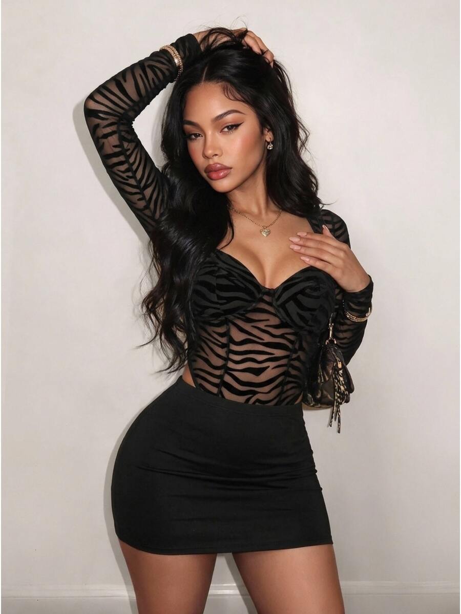 BamGleam 2026 Fall/ Early Zebra Print Sexy Sheer Jumpsuit With Skirt 2 Pieces Set For Women, Party Night Out Club Going Out And Date Black Halloween - Black - View 1