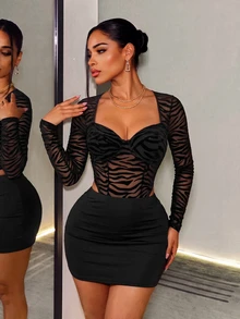BamGleam 2026 Fall/ Early Zebra Print Sexy Sheer Jumpsuit With Skirt 2 Pieces Set For Women, Party Night Out Club Going Out And Date Black Halloween - Black - View 4