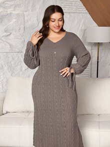 Lacomfia فستان كنزة بأكمام طويلة وأزرار وحبل شد بتصميم عتيق موضة مقاس كبير - بني مخاوي - مشاهدة 5