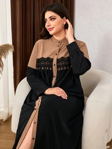 SHEIN Najma 大尺碼女款寬鬆休閒圓領前開襟長袖拼色蕾絲長洋裝，優雅秋季中東風 - 黑色 - 查看 4