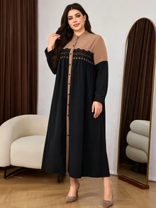 SHEIN Najma 大尺碼女款寬鬆休閒圓領前開襟長袖拼色蕾絲長洋裝，優雅秋季中東風 - 黑色 - 查看 6