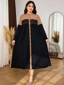 SHEIN Najma 大尺碼女款寬鬆休閒圓領前開襟長袖拼色蕾絲長洋裝，優雅秋季中東風 - 黑色 - 查看 8