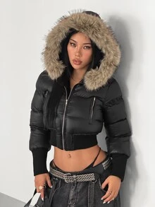 SHEIN HypeZone Winter Fashion Fur Collar Hooded Cropped Jacket - Black - View 5
