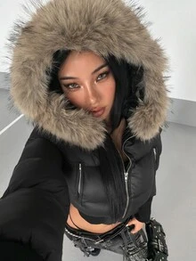 SHEIN HypeZone Winter Fashion Fur Collar Hooded Cropped Jacket - Black - View 1