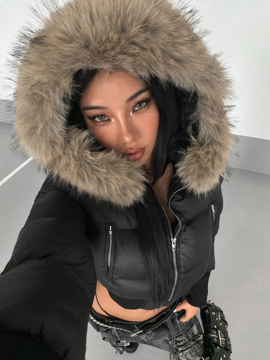 SHEIN HypeZone Winter Fashion Fur Collar Hooded Cropped Jacket - Black - View 1