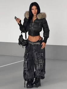 SHEIN HypeZone Winter Fashion Fur Collar Hooded Cropped Jacket - Black - View 3