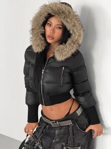 SHEIN HypeZone Winter Fashion Fur Collar Hooded Cropped Jacket - Black - View 6