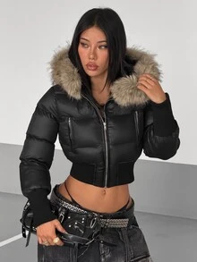 SHEIN HypeZone Winter Fashion Fur Collar Hooded Cropped Jacket - Black - View 4
