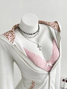 Elamini Vintage Sweet & Spicy Y2K Grey & Pink Patchwork Leopard Print Cat Ear Hooded Slim Fit Sweatshirt - White - View 5
