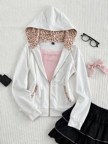 Elamini Vintage Sweet & Spicy Y2K Grey & Pink Patchwork Leopard Print Cat Ear Hooded Slim Fit Sweatshirt - White - View 7