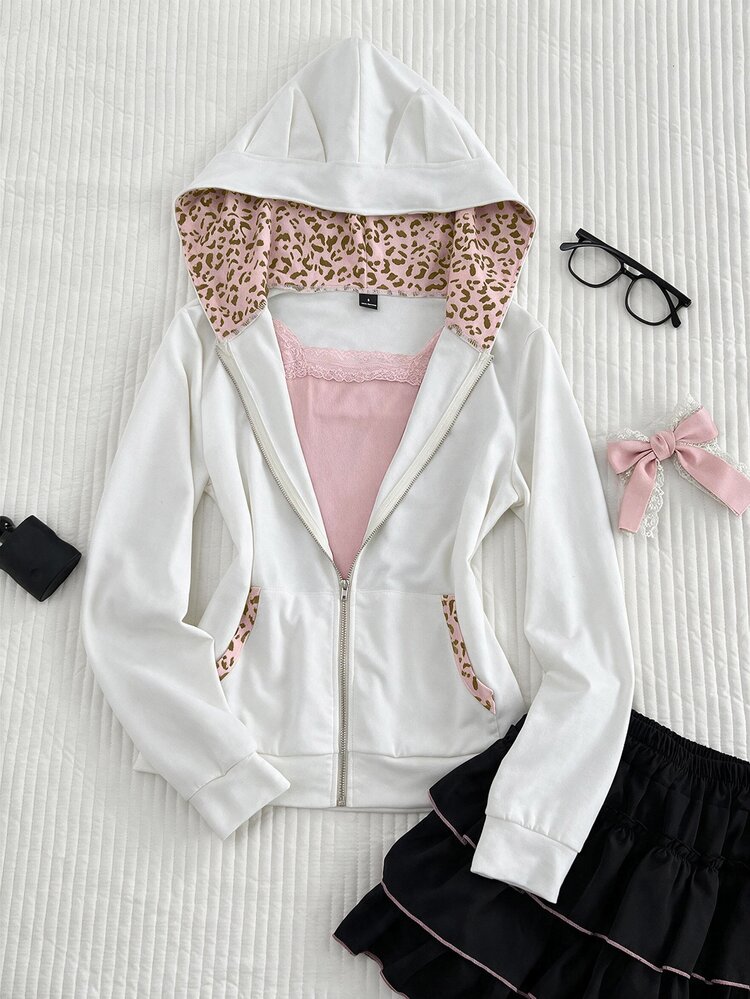 Elamini Vintage Sweet & Spicy Y2K Grey & Pink Patchwork Leopard Print Cat Ear Hooded Slim Fit Sweatshirt - White - View 7