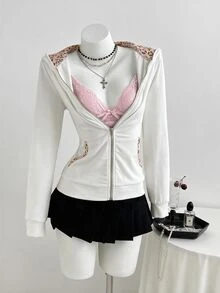 Elamini Vintage Sweet & Spicy Y2K Grey & Pink Patchwork Leopard Print Cat Ear Hooded Slim Fit Sweatshirt - White - View 1