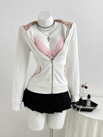 Elamini Vintage Sweet & Spicy Y2K Grey & Pink Patchwork Leopard Print Cat Ear Hooded Slim Fit Sweatshirt
