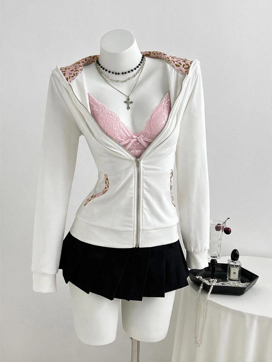 Elamini Vintage Sweet & Spicy Y2K Grey & Pink Patchwork Leopard Print Cat Ear Hooded Slim Fit Sweatshirt - White - View 1