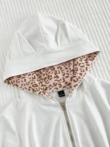 Elamini Vintage Sweet & Spicy Y2K Grey & Pink Patchwork Leopard Print Cat Ear Hooded Slim Fit Sweatshirt - White - View 3