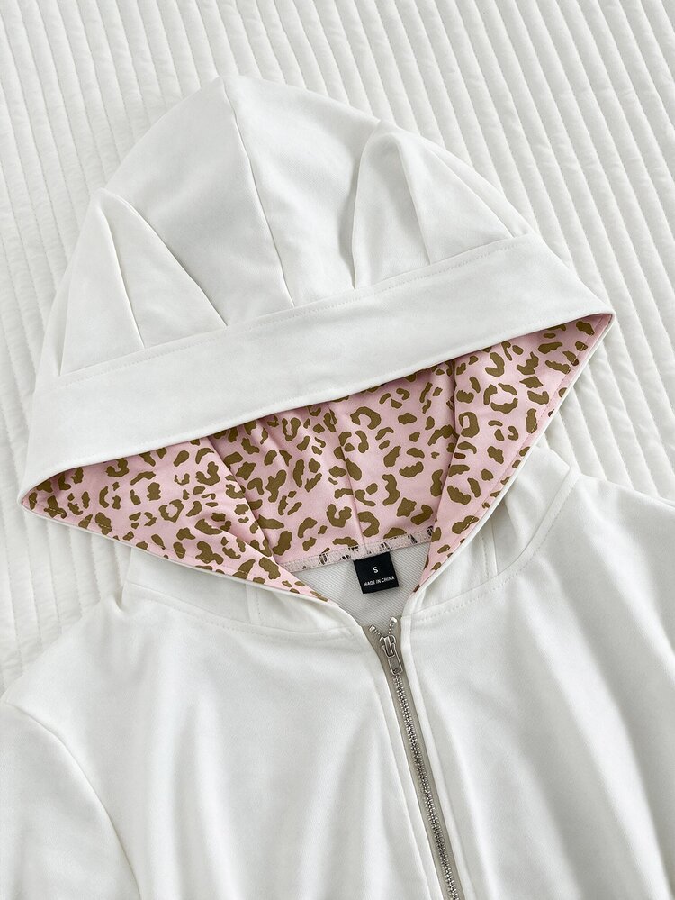Elamini Vintage Sweet & Spicy Y2K Grey & Pink Patchwork Leopard Print Cat Ear Hooded Slim Fit Sweatshirt - White - View 3