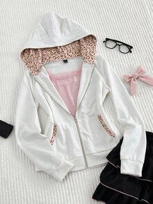 Elamini Vintage Sweet & Spicy Y2K Grey & Pink Patchwork Leopard Print Cat Ear Hooded Slim Fit Sweatshirt - White - View 4