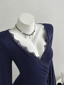 Elamini 女款韓式蕾絲拼接百褶T恤，適合約會穿著 - 藏蓝色 - 查看 5