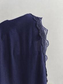 Elamini 女款韓式蕾絲拼接百褶T恤，適合約會穿著 - 藏蓝色 - 查看 7