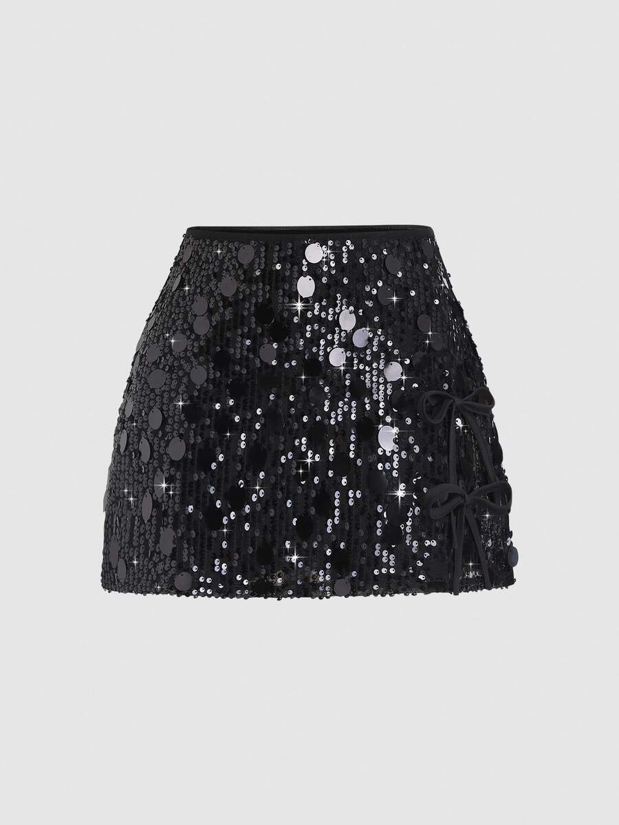 Sweetra Women's Fashionable Two-Tone Sequin Embellished Elegant Skirt - Black - View 1