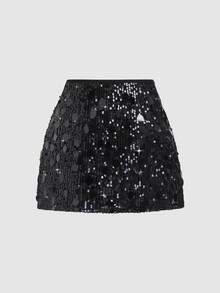 Sweetra Women's Fashionable Two-Tone Sequin Embellished Elegant Skirt - Black - View 2