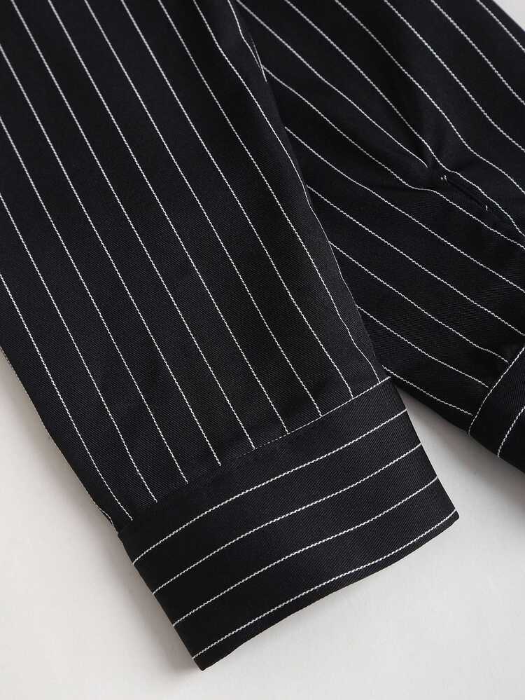 Sweetra Fashionable Contrast Color Textured Button Fitted Waist Flattering Striped Collar Long Sleeve Blouse For Women Autumn Office Business Casual Elegant - Black - View 6