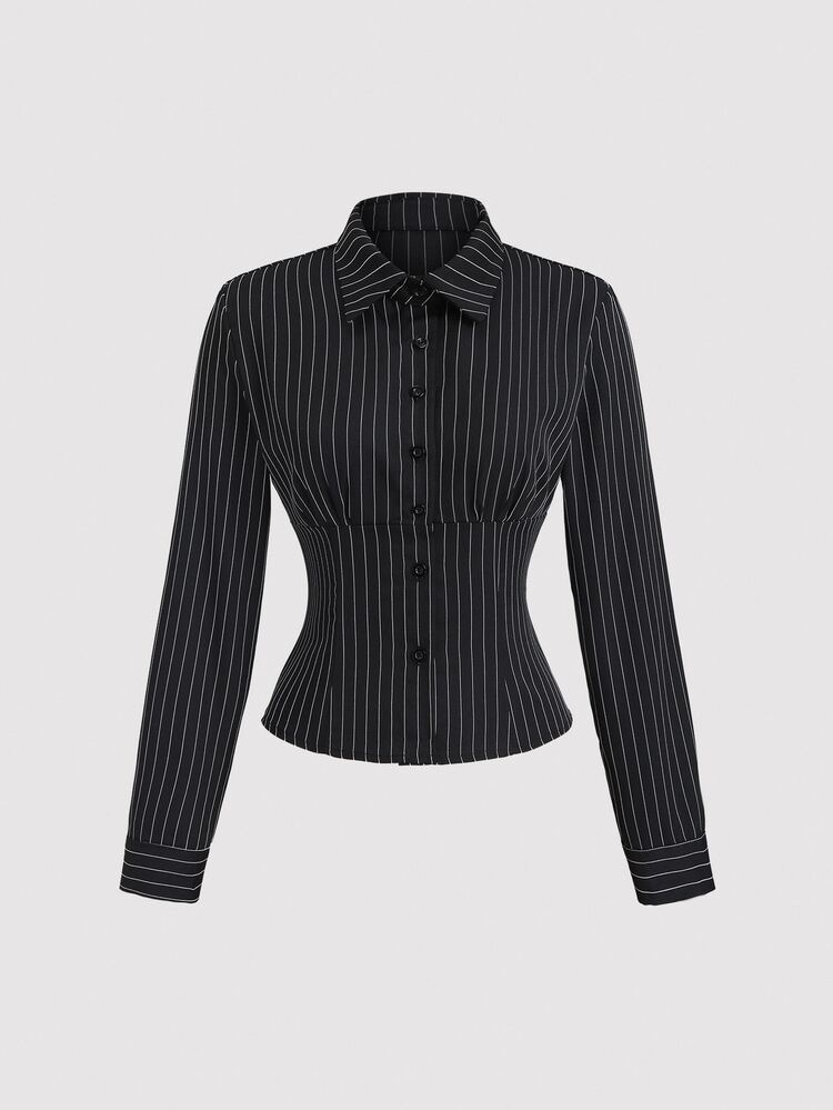 Sweetra Fashionable Contrast Color Textured Button Fitted Waist Flattering Striped Collar Long Sleeve Blouse For Women Autumn Office Business Casual Elegant - Black - View 8