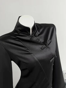 Elamini 女款秋冬黑色緞面手工盤扣立領前開襟修身長袖夾克襯衫，復古新中式風，通勤辦公職場出遊約會大學日常百搭 - 黑色 - 查看 5