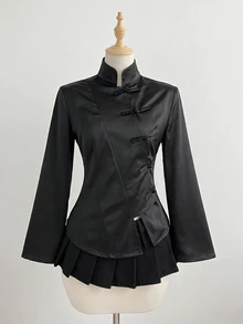 Elamini 女款秋冬黑色緞面手工盤扣立領前開襟修身長袖夾克襯衫，復古新中式風，通勤辦公職場出遊約會大學日常百搭 - 黑色 - 查看 1