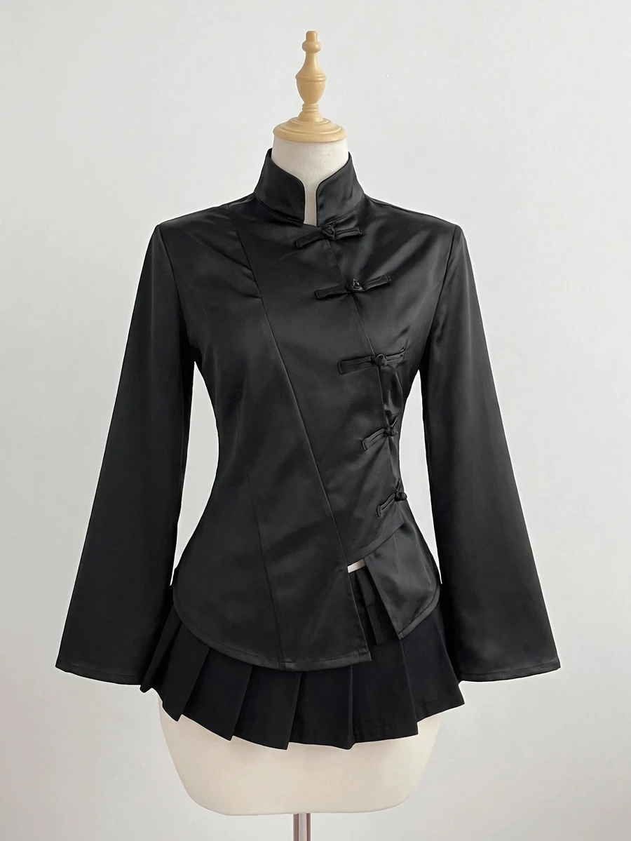 Elamini 女款秋冬黑色緞面手工盤扣立領前開襟修身長袖夾克襯衫，復古新中式風，通勤辦公職場出遊約會大學日常百搭 - 黑色 - 查看 1